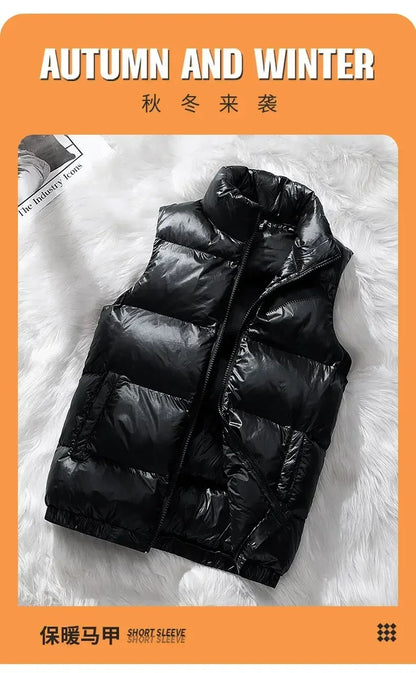 Vest Winter Hooded Glossy Cotton Vest Casual Waistcoat Men's Sleeveless Jacket Warm Overcoats Zipper Solid Color Mens Warm Vests.