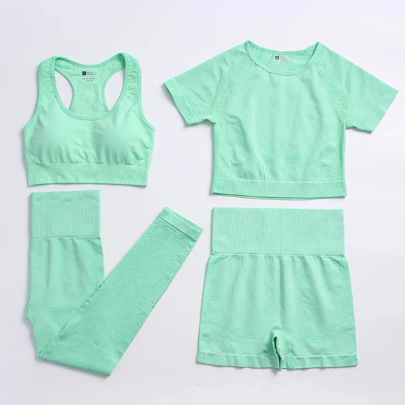 2/4PCS Summer Seamless Yoga Set Women Workout Clothes Sports Bra Short Sleeve Crop Top High Waist Legging Fitness Sports Suits