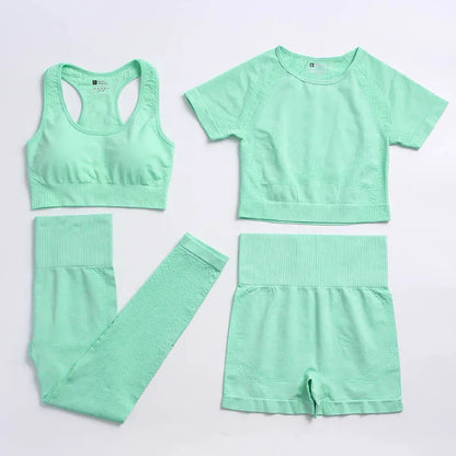 2/4PCS Summer Seamless Yoga Set Women Workout Clothes Sports Bra Short Sleeve Crop Top High Waist Legging Fitness Sports Suits