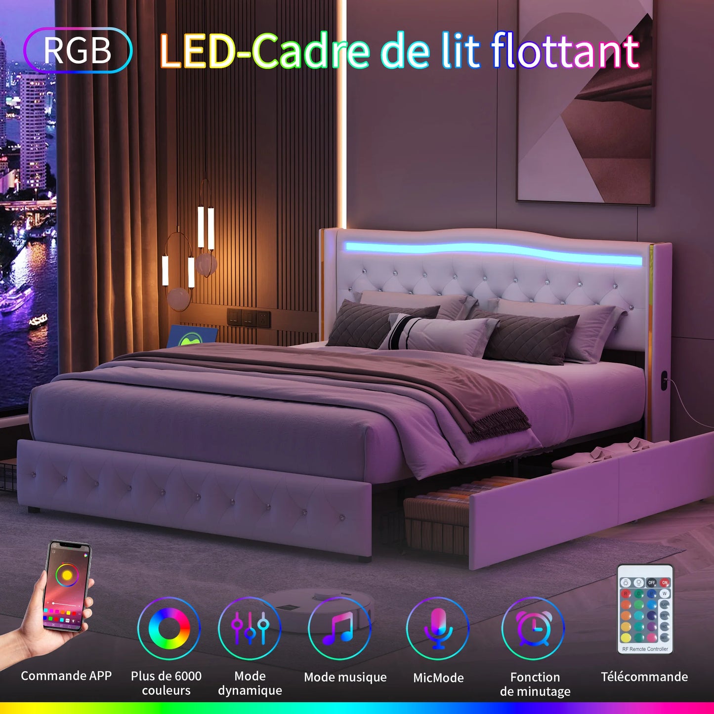 Lazyspace Diamond Embellishment Luxuriöses weißes PU-Polsterbett, Bettrahmen-Kopfteil mit bunten LED-Leuchten und USB-Anschluss