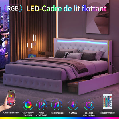 Lazyspace Diamond Embellishment Luxuriöses weißes PU-Polsterbett, Bettrahmen-Kopfteil mit bunten LED-Leuchten und USB-Anschluss