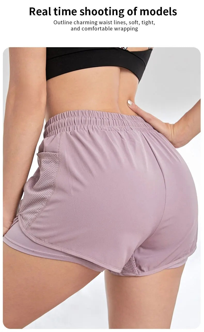 Women's Elastic Sports Shorts, Shorts With Pockets, Fake Two-Piece Yoga Leggings Running And Training.