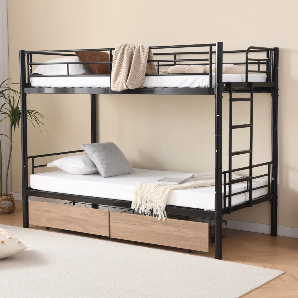 Etagenbett aus Metall, 90 x 200 cm, Etagenbett mit ausklappbarem Bett, erweiterbar auf zwei Einzelbetten oder Erwachsenenbetten, Schwarz