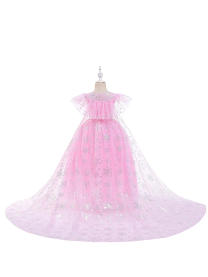 Mädchen rosa Pailletten Mesh Prinzessin Kleid, Mesh kurze Ärmel, mit Umhang, geeignet für Party, Tanz, Performance, Karnevals kleid