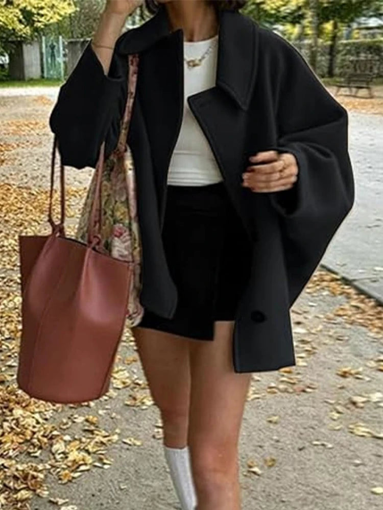 ZBZA Damen Schräge Knopf Lose Fledermausärmel Jacke Mantel Revers Langarm Doppeltasche Warm Solide Farbe Vintage Oberbekleidung Herbst Winter Neue Weibliche Chic Mantel.