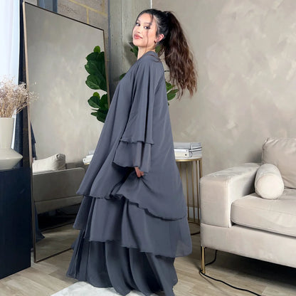 Eid Muslim Abaya for Women Chiffon 3 Layers Cake Party Cardigan Robe Jalabiya Dresses Ramadan Morocco Abayas Kaftan Vestidos.