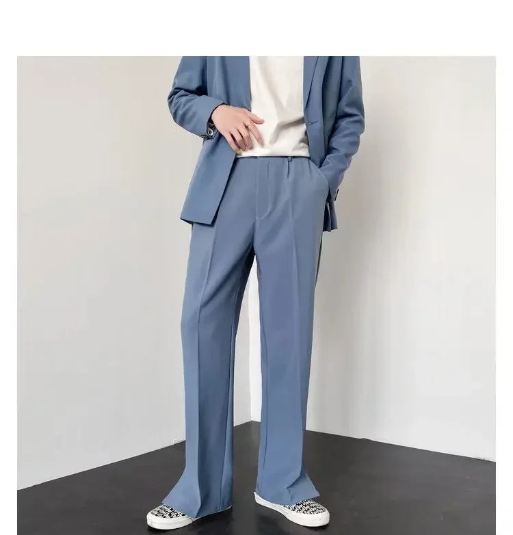 Men's Straight Baggy Casual Pants Korean Slit Personality Suit Trousers Fashion Formal Business Male Streetwear Gray Khaki Black.