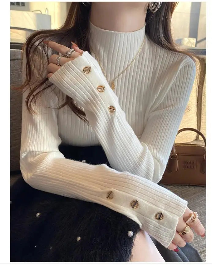 2025, weibliche Casual Tops Pullover Frauen Herbst Winter Gestrickte Dünne Pullover Feste Taste Volle Hülse Halb Hohen Kragen Pullover