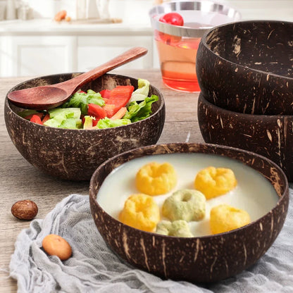Wholesale Natural Coconut Bowls For Serving Dishes Salad Oatmeal Yogurt Reusable Wooden Coconut Shell Bowl Kitchen Tableware Set.