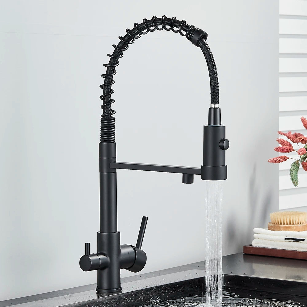 Gray Filtered Kitchen Faucet Dual Spout Hot Cold Mixer Purification Water Crane Filter Water Faucet Deck Mount