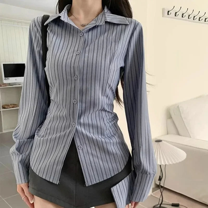 Korean Blue Striped Long Sleeve Shirt Jacket Women's Spring Design Waist Cinching Slimming Top Women Clothing.