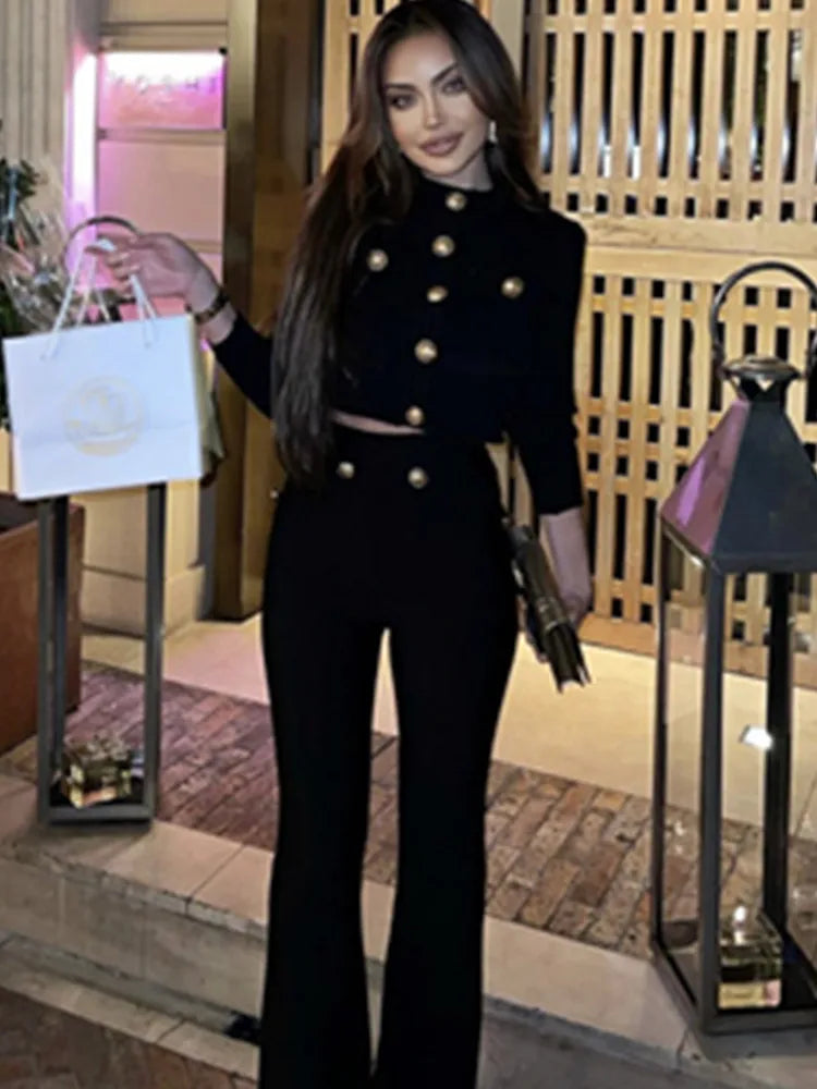 New Autumn Style Black Color Women Long Sleeve Button Rayon Bandage Coat Pants Fashion Women's Set High Street Celebrate Wear.