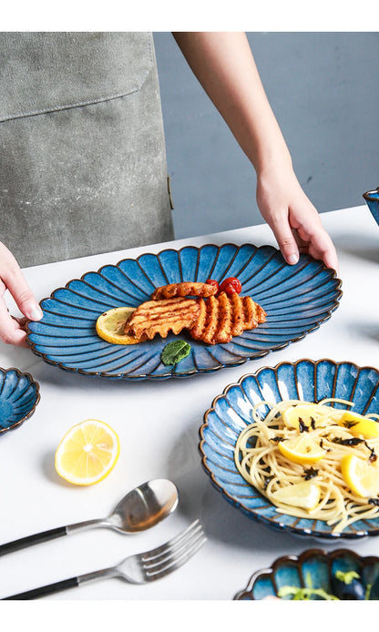 Retro Household Ceramic Tableware Kiln Variable Glaze Western Plate Creative Long Plate Main Dish Dinner Plate Kitchen Supplies.