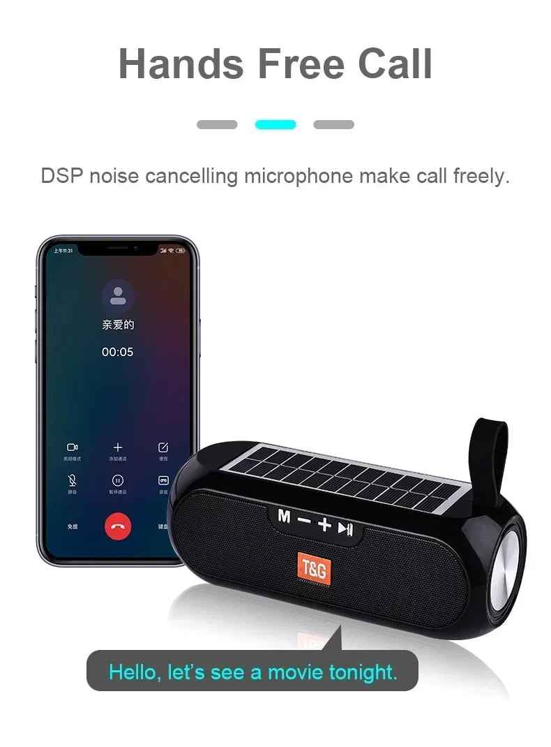 T&G TG182 Solar Charging Portable Stereo speakers Wireless Bluetooth With Mic Outdoor Loudspeaker Waterproof FM Radio Soundbar.