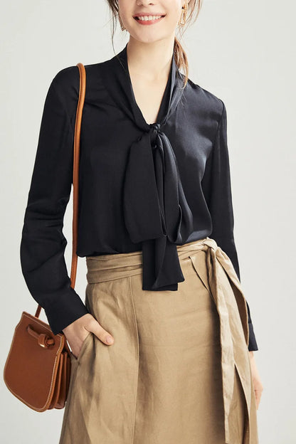 Silk Shirt Women's Thick Temperament Streamer 2025 Spring and Summer New Mulberry Silk Lace-up Design Shirt Long-sleeved Top