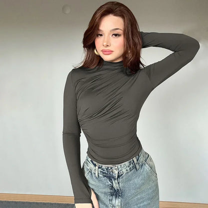 Fashionable Solid Color Women's Polo/Turtle Neck Top 2024 Autumn/Winter New Arrival Slimming Effect Long Sleeve T-Shirt.