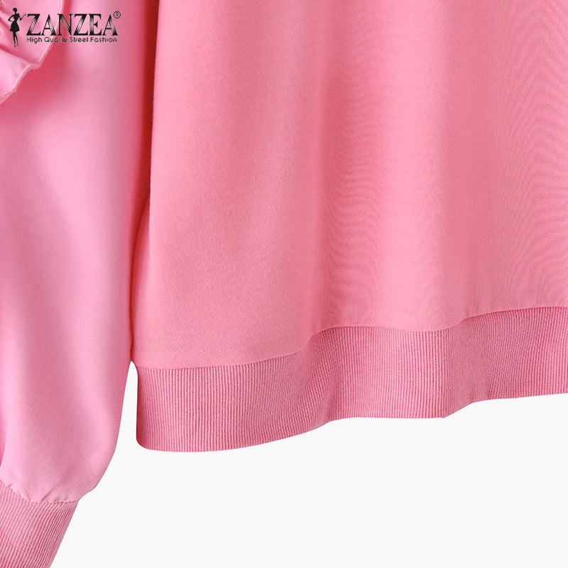 ZANZEA Plus Größe Frauen Solide Sweatshirts Herbst Rüschen Nähte Tops Vintage Oansatz Lässige Mode Lange Puff Sleeve Pullover.