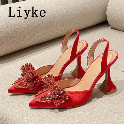 Liyke Spring Summer Fashion Rhinestone Bowknot Women Pumps Sexy Silk Pointed Toe Strange High Heels Party Prom Shoes Gold Silver.