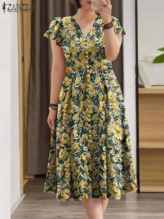 ZANZEA Elegante Frauen Floral Print Midi Kleid Sommer 2025, Casual Rüschen Kurzarm V-ausschnitt Vestidos Mode Cinched Taille Roben