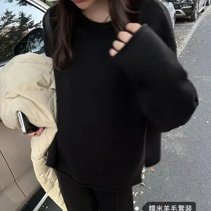 Koreanische Version des weichen, wachsartigen, faulen Wind-Stricksets 2024, sanfter Rundhalspullover, Pullover, weites Bein, Hose, zweiteiliges Set für Damen