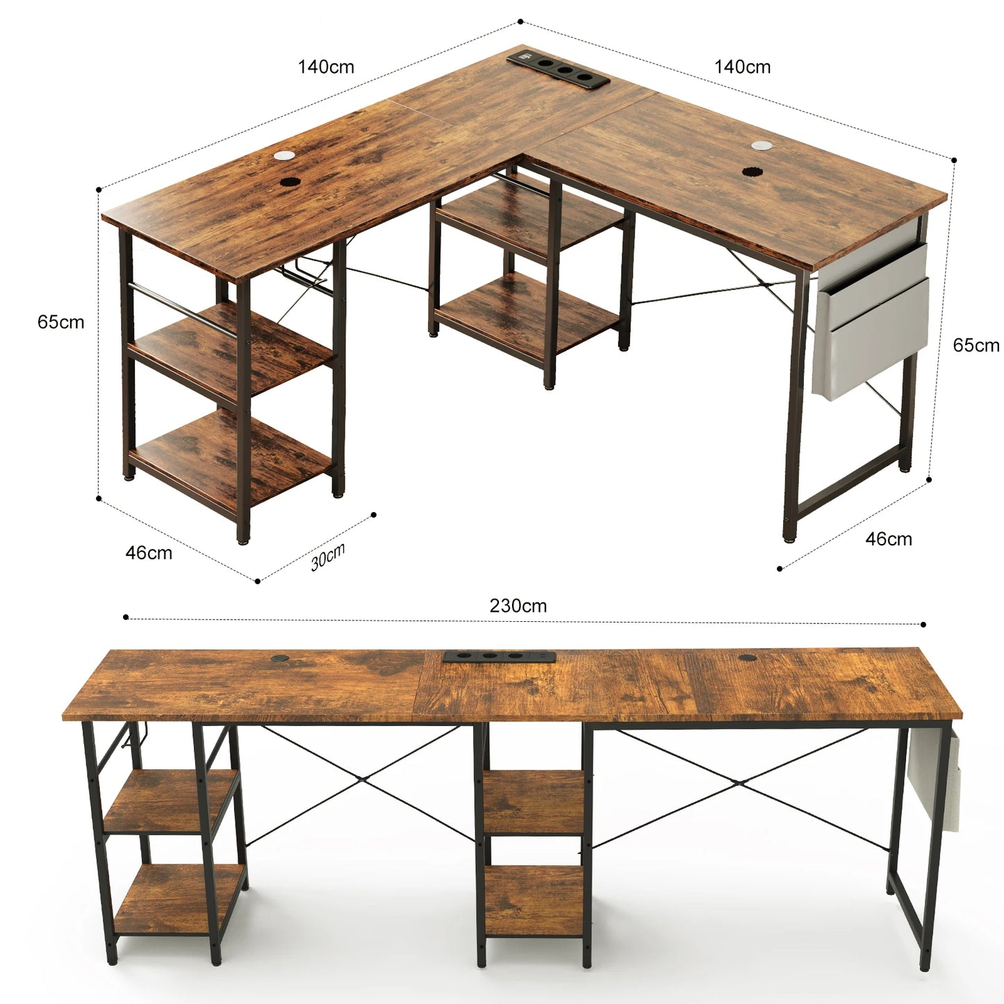 L-förmiger Schreibtisch im Industrial-Stil, 140/230cm, Verstellbarer Computertisch mit Ablagen & Integrierter Steckdose