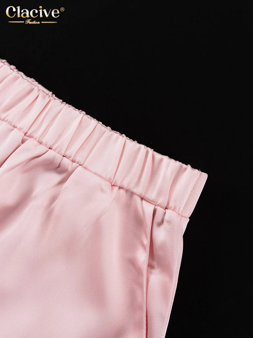 Clacive Fashion Loose Pink Satin Pants Sets For Women 2 Pieces Elegant Long Sleeve Shirt With High Waist Wide Trousers Suits.