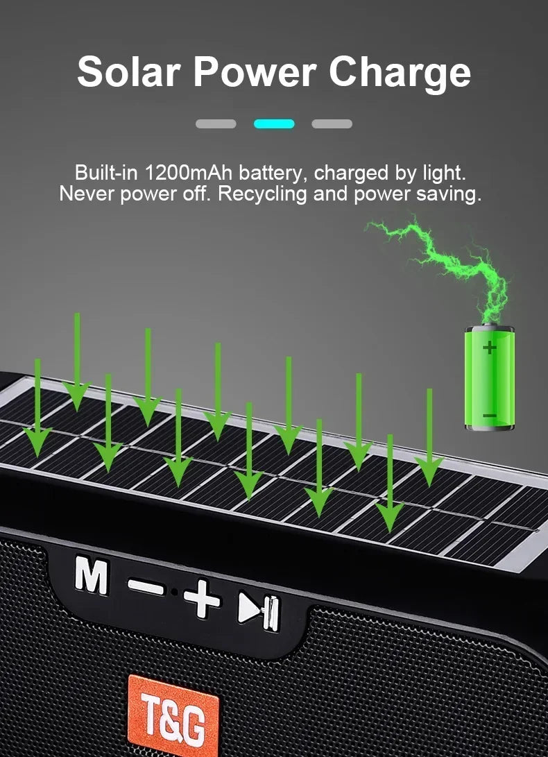 T&G TG182 Solar Charging Portable Stereo speakers Wireless Bluetooth With Mic Outdoor Loudspeaker Waterproof FM Radio Soundbar.