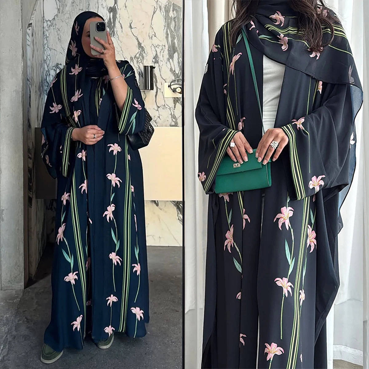 Uni Islamic Clothing Modest Abaya Women Muslim Dress Front Open Printed Abaya 2025 With Hijab Scarf Two Piece Set for Summer.