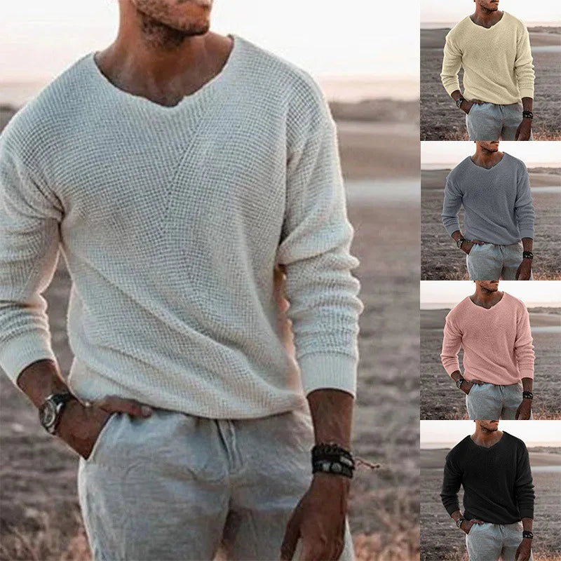 European and American Fashion Men's Knitted Sweater Casual Loose Sweater V-neck Long Sleeved Pullover Sweater Plus Size Jacket.