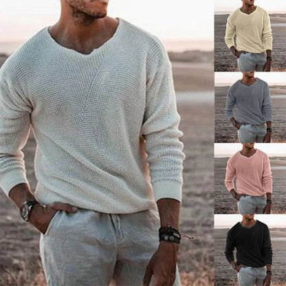 European and American Fashion Men's Knitted Sweater Casual Loose Sweater V-neck Long Sleeved Pullover Sweater Plus Size Jacket.