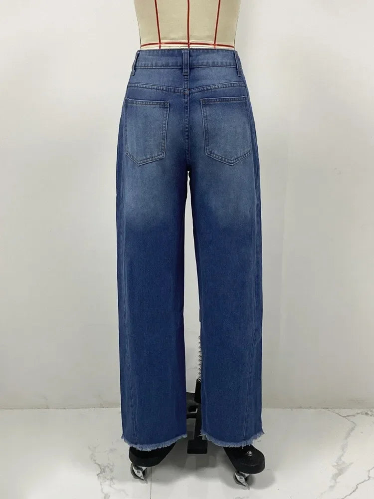High Waist Wide Leg Denim Jeans Women's Spring 2025 Design Sensation Elegant No Stretch Comfortable Fit Female Fashionable.