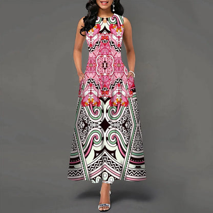 Blumendruck Neues lässiges ärmelloses langes Kleid Damen V-Ausschnitt bedrucktes Kleid Swing Bohemian Retro Kleider