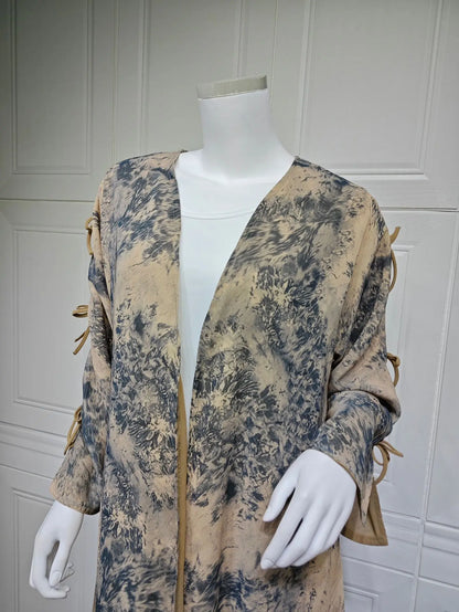 Ramadan Eid Tie Dye Butterfly Bow Muslim Modest Kimono Abaya Damen Dubai Luxury Islam Women Kebaya With Hijab Kaftan Robe Femme