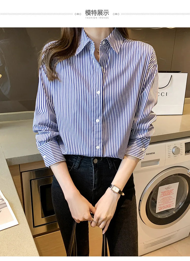 1pcs Woman Four Season Stripe Shirts Lady Casual Long Sleeve Turn-down Collar Loose Shirt Female Business Attire Korean Tops.