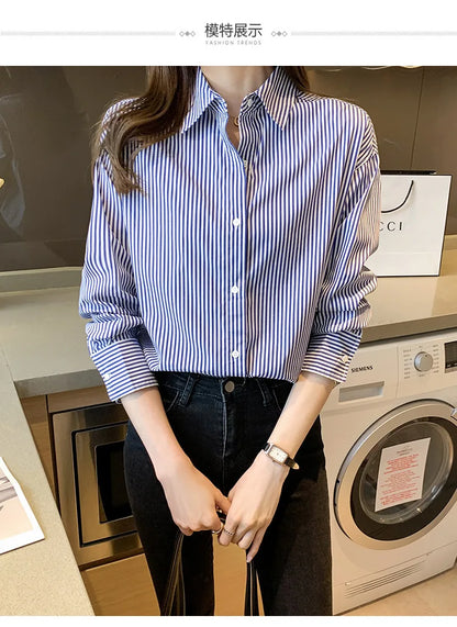 1pcs Woman Four Season Stripe Shirts Lady Casual Long Sleeve Turn-down Collar Loose Shirt Female Business Attire Korean Tops.
