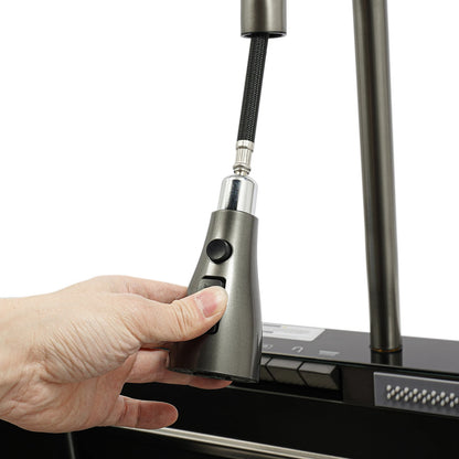 Edelstahl-Küchenspüle mit Abtropfkorb, ausziehbarer Wasserhahn, Schneidebrett, Tassenwascher, Digitalanzeige, 82 x 48 x 23 cm