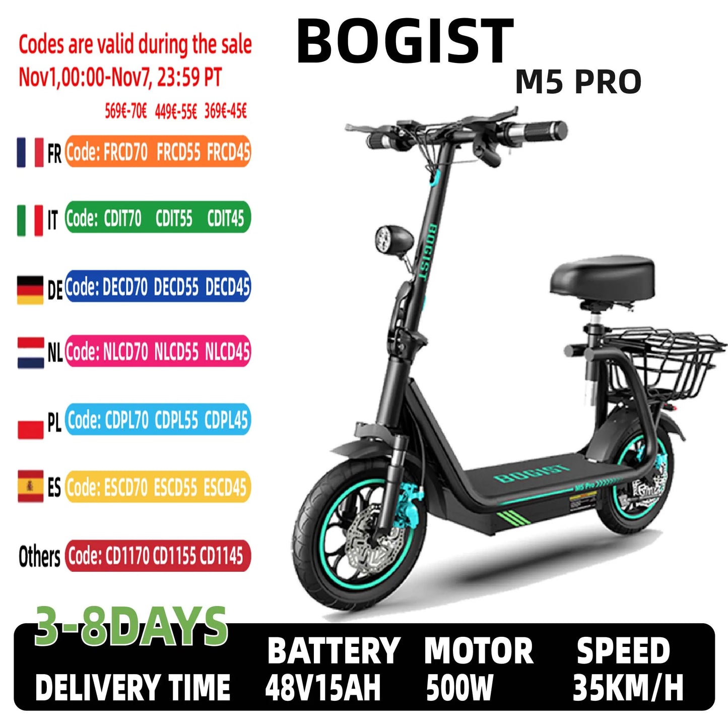 Bogist-M5 Pro Electric Scooter with Storage Basket, Inflatable Wheels, Front Shock Absorber, 500W, 48V, 15Ah, 12 Inch E-Scooter.
