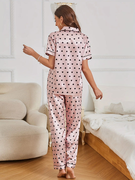 Satin-Pyjama-Set mit Herzdruck, lässig, kurzärmelig, Knöpfe, Revers, Oberteil und elastische Hose, Damen-Nachtwäsche