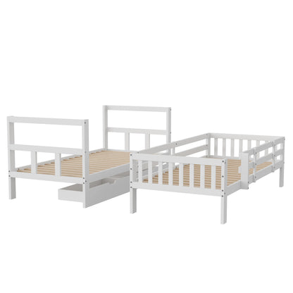 Rosahqnda Massivholz-Bettgestell 90 x 200 cm, Kinderbett mit Schubladen und Kopfteil für Bücher, Einzelzimmer, Weiß