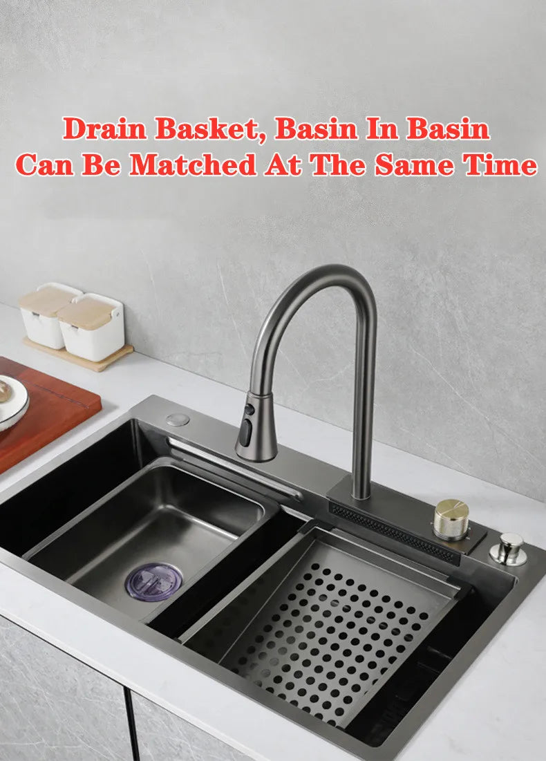 Wasserfall-Küchenspüle aus Edelstahl 304, Zughahn, Einzelschlitz, Hochdruckbecher, Waschmaschine, Café, Weinbar, Waschbecken