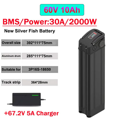 Silver Fish 36V/48V/60V 10Ah 20A lithium battery pack suitable for 1800W handheld folding two wheeled scooter battery+5A charger