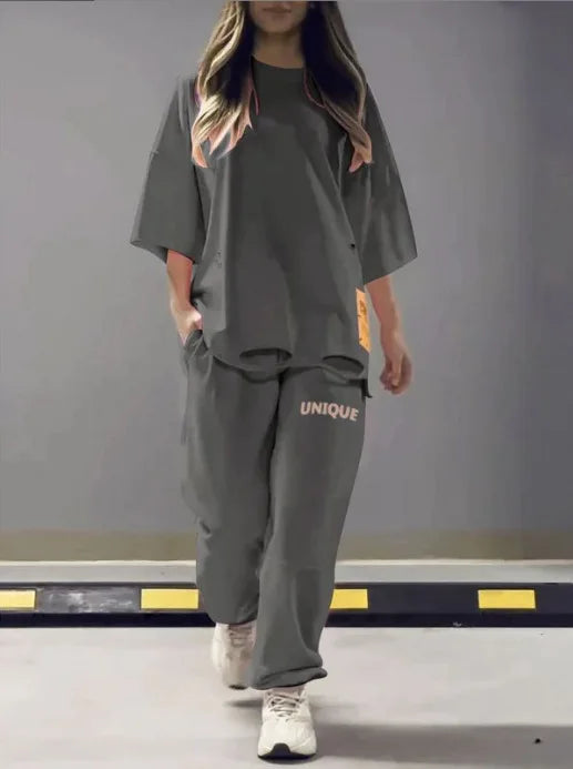 Summer New Fashion Hollowed Out O Neck T Shirt Women's 2 Piece Set Solid Color Casual Relaxed Tracksuit Pants Pocket Female Suit.