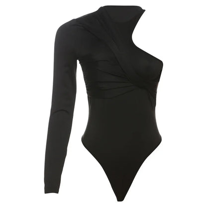 Autumn 2025 Long Sleeve Pullover New Fashion Sexy Spice Girls Crew Neck Single Rotator Sleeve Pleated Slim Bodysuit Women