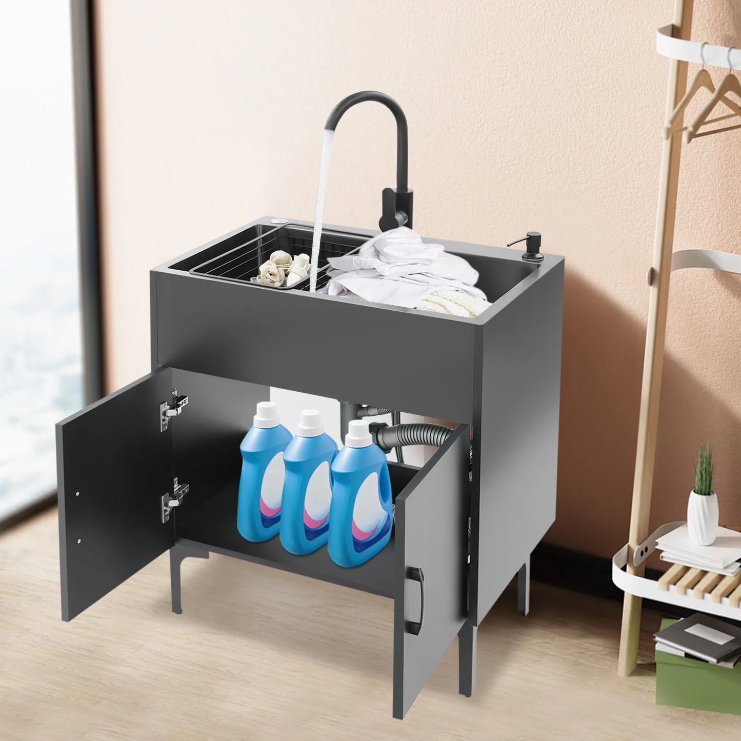 Schwarz/weißes unabhängiges Waschbecken mit Schrank, Küchenspüle aus Edelstahl mit 360° °   Drehbarer Wasserhahn für Badezimmer, Waschbecken