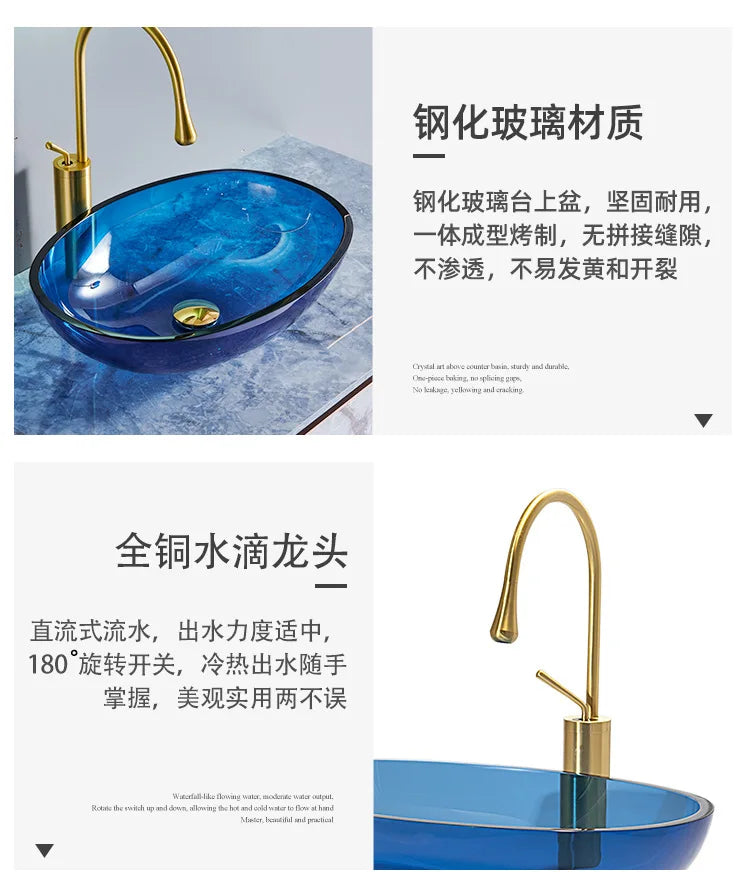 Farbiges, transparentes Badezimmerwaschbecken aus gehärtetem Glas, Hotel, modernes Aufsatzwaschbecken, Waschbecken mit Wasserfall-Wasserhahn, 49 x 35 x 13 cm