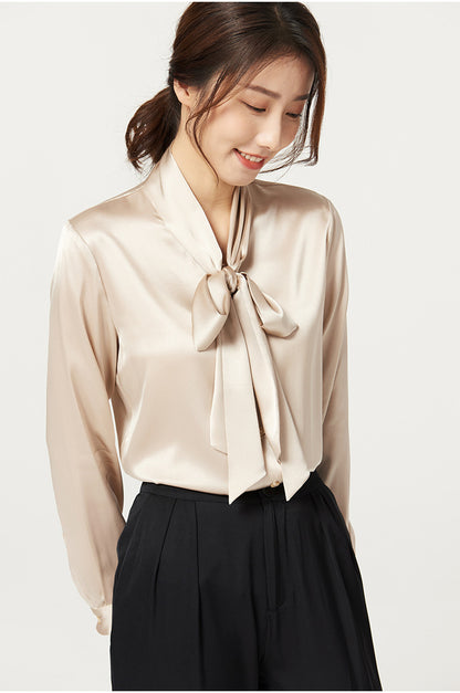 Heavyweight Mulberry Silk Shirt Women's 2025 Spring And Autumn New Long Sleeve Satin Silk Blouse V-neck Bow Ribbon Shirt