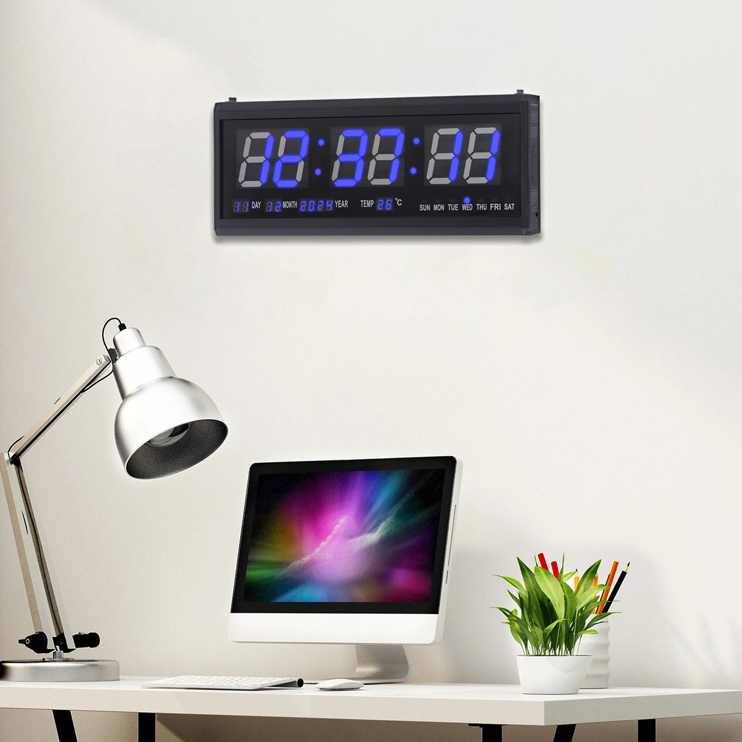 220 V große LED-Digital-Wanduhr, Zeit, Temperatur, Datum, Woche, Anzeige, automatischer Dimmer, leuchtende, leise Tischuhr, Wanduhr, 48 x 19 cm