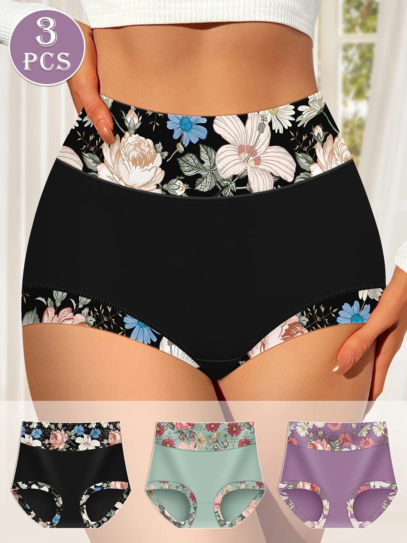 3pcs Plus Size High-Waist Shapewear Panties for Women - Tummy Control & Butt Lift, Comfort Fit with Elegant Floral Print.