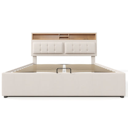 KOMHTOM Polsterbett Doppelbett Jugendbett Leinen - USB C Steckdose Ladefunktion im Kopfteil, Stauraumbett, ohne Matratze