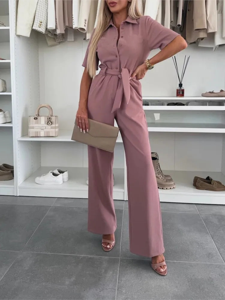 New Spring Summer Women Jumpsuits, Elegant Office Lady Jumpsuit Solid Color Belt Short Sleeve Casual Overalls Wide Leg Pants.